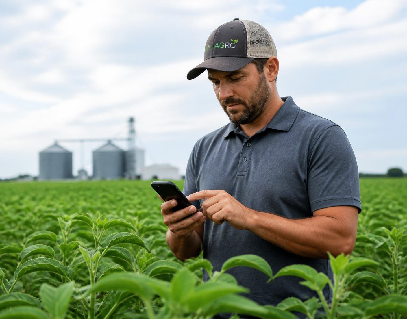 Produtor rural utilizando a plataforma pelo celular no campo